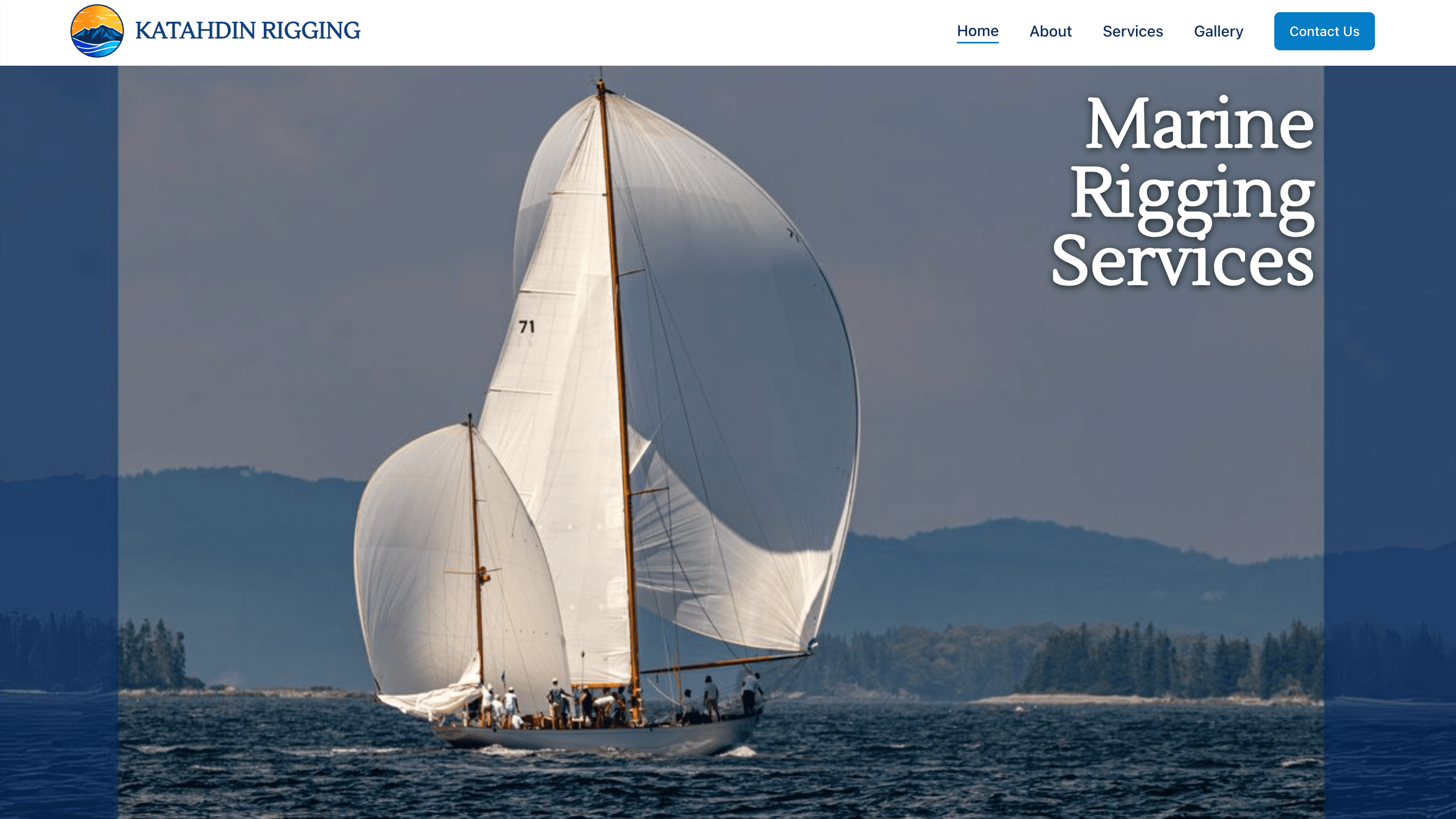 Katahdin Rigging website homepage showing sailing imagery and marine services