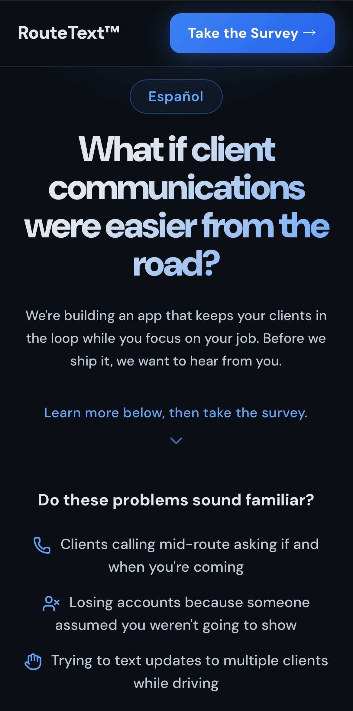 RouteText English mobile homepage with hero headline and pain points