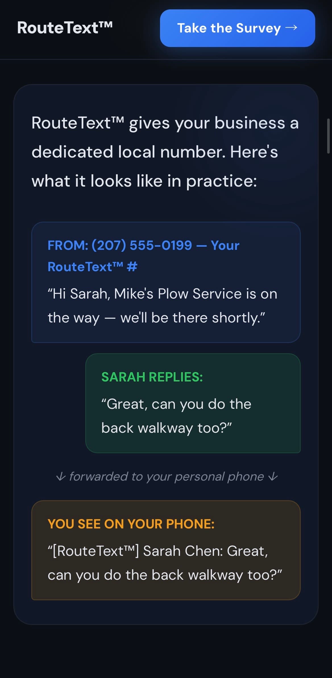 RouteText English SMS conversation mockup with text bubbles and reply forwarding