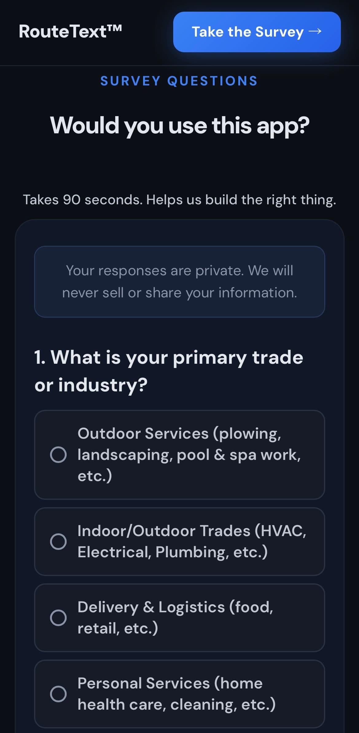 RouteText English validation survey on mobile