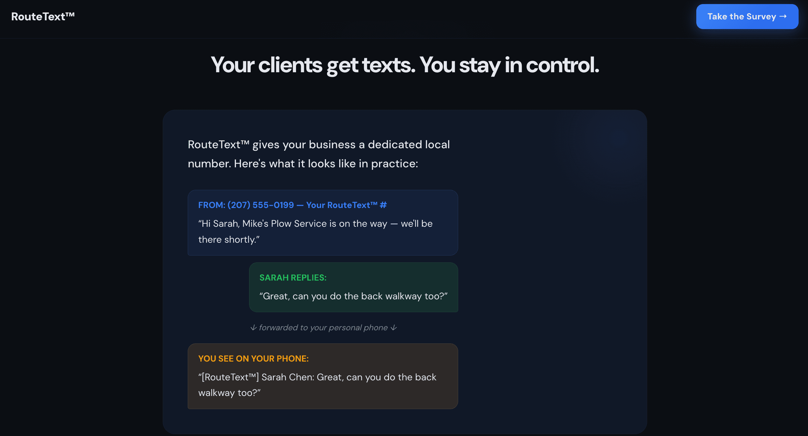 RouteText SMS conversation mockup showing automated client texts and reply forwarding