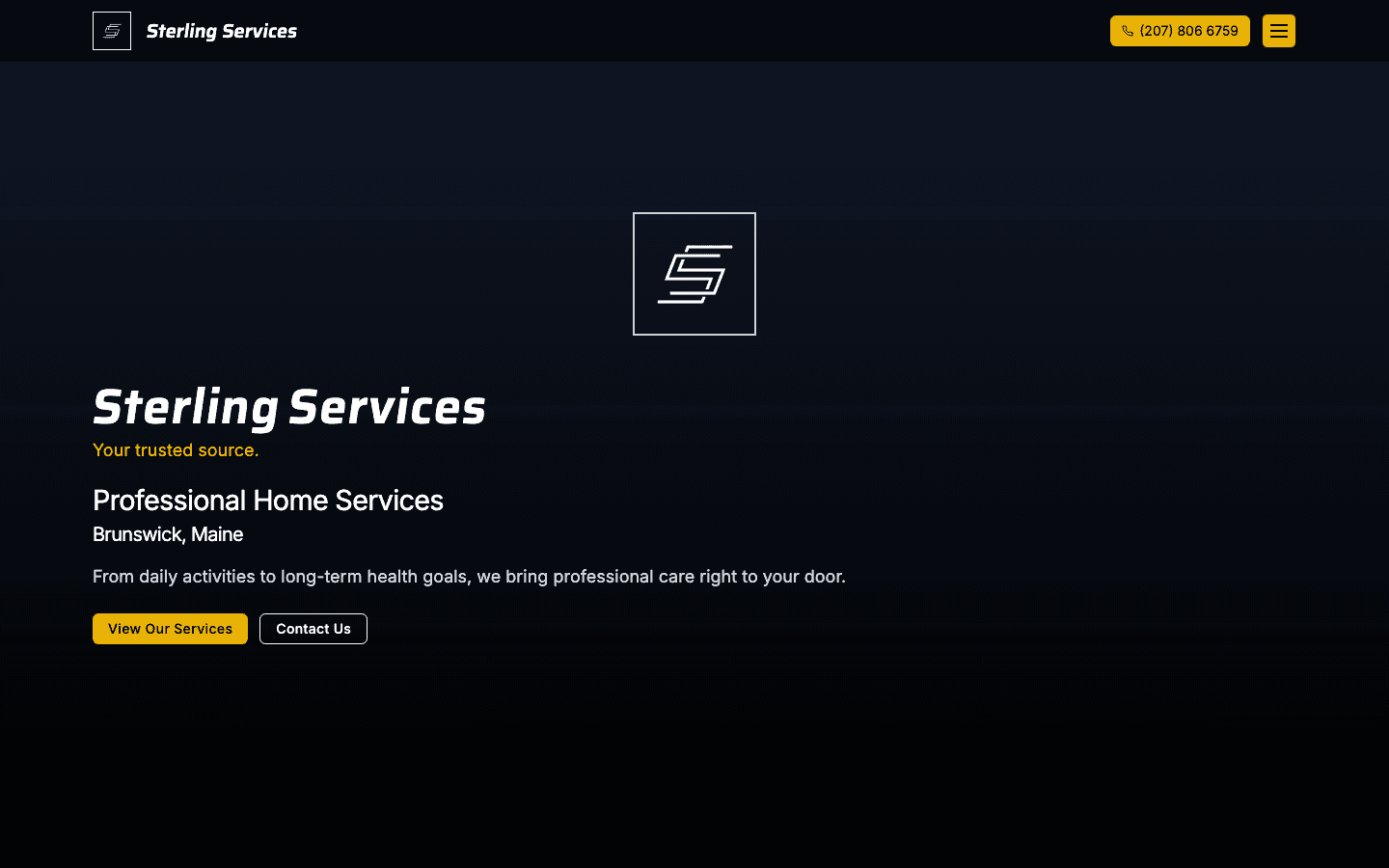 Sterling Services website homepage with dark theme and gold accents
